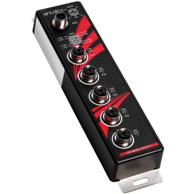 5-Port Unmanaged PoE+ (30W/port) Industrial IP67 Gigabit Switch, M12, 48-56VDC